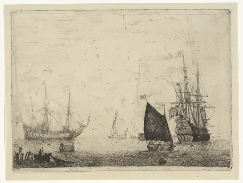 Zeegezicht met twee driemasters met gestreken zeilen by Adam Silo, print, 1689-1760