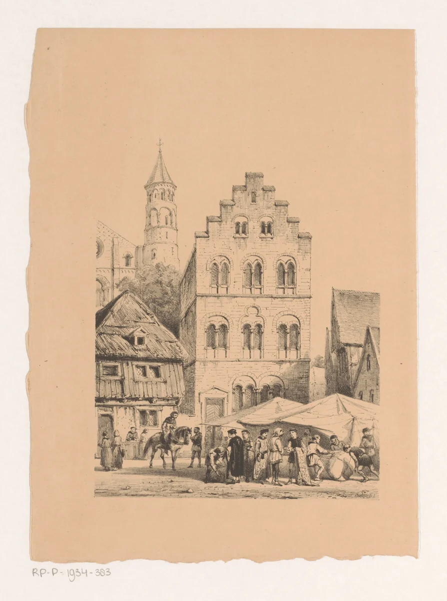 Twaalfde-eeuwse huizen by Cornelis Springer, print, 1861