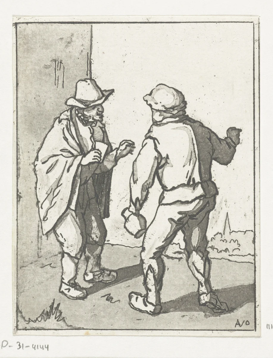 Twee staande mannen in gesprek by Anthonie van den Bos, print, 1778-1838