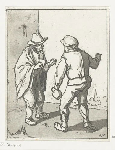 Twee staande mannen in gesprek by Anthonie van den Bos, print, 1778-1838