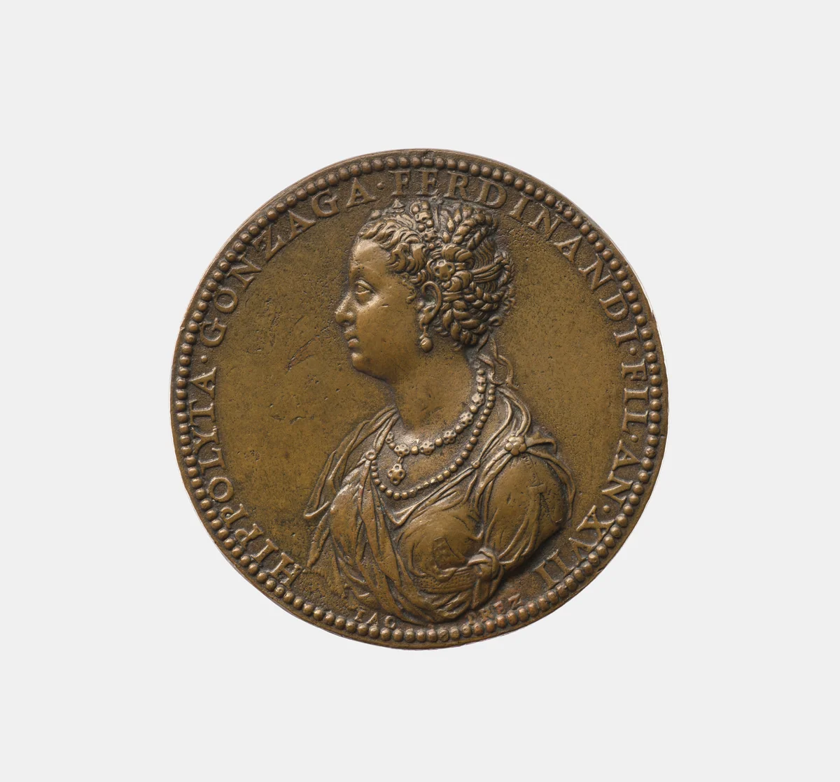 Ippolita Gonzaga 1535-63, wife of Antonio Caraffa by Jacopo Nizolla, metalwork, 1552