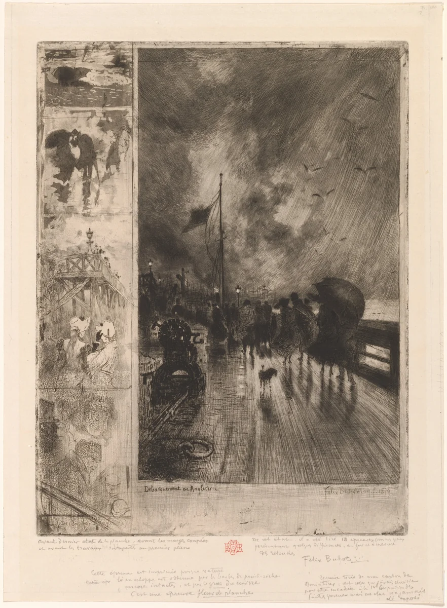 Landing in England by Félix-Hilaire Buhot, print, 1879