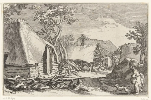 Boerderij met erf en vervallen schuur by Boëtius Adamsz. Bolswert, print, 1614