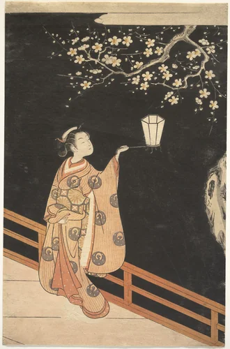 Woman Admiring Plum Blossoms at Night by Suzuki Harunobu (鈴木春信), print, 1756-1770