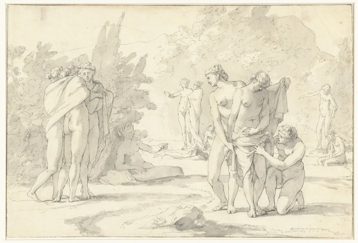 Diana en haar gezellinnen by anonymous, drawing, 1600-1699