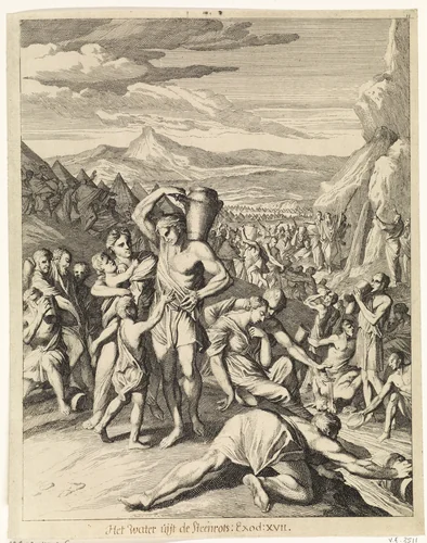 Mozes slaat water uit de rots by Caspar Luyken, print, 1708