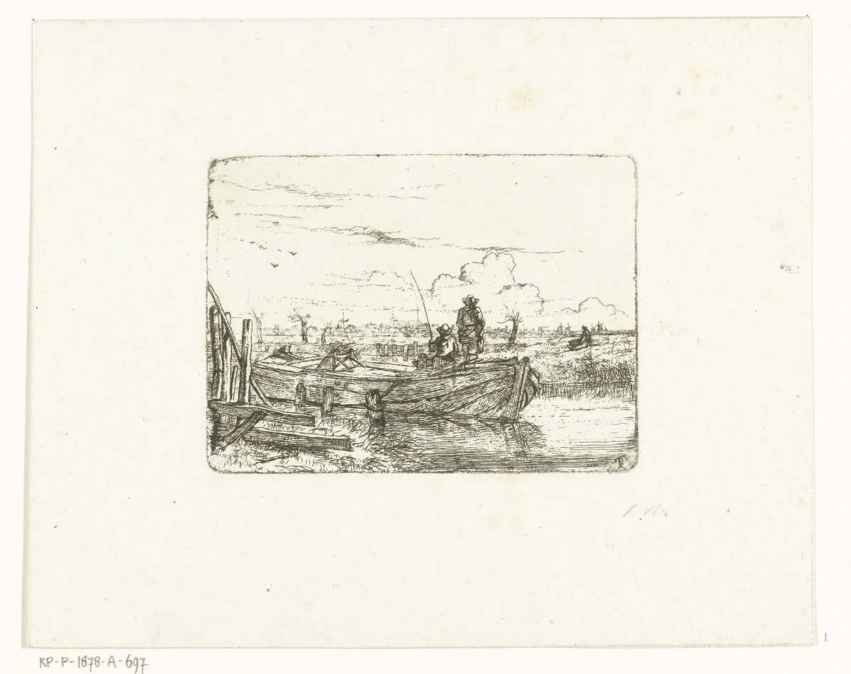 Polderlandschap met twee mannen op een boot by Albertus Brondgeest, print, 1796-1849