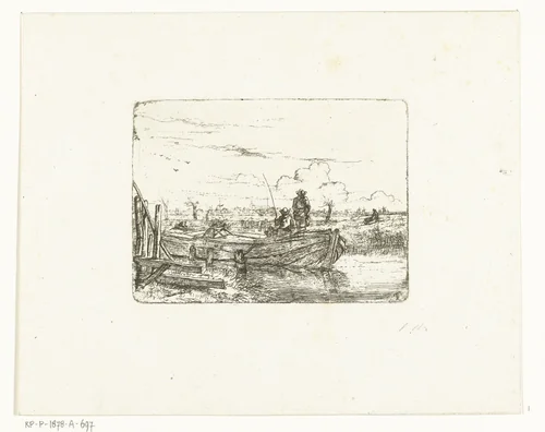Polderlandschap met twee mannen op een boot by Albertus Brondgeest, print, 1796-1849