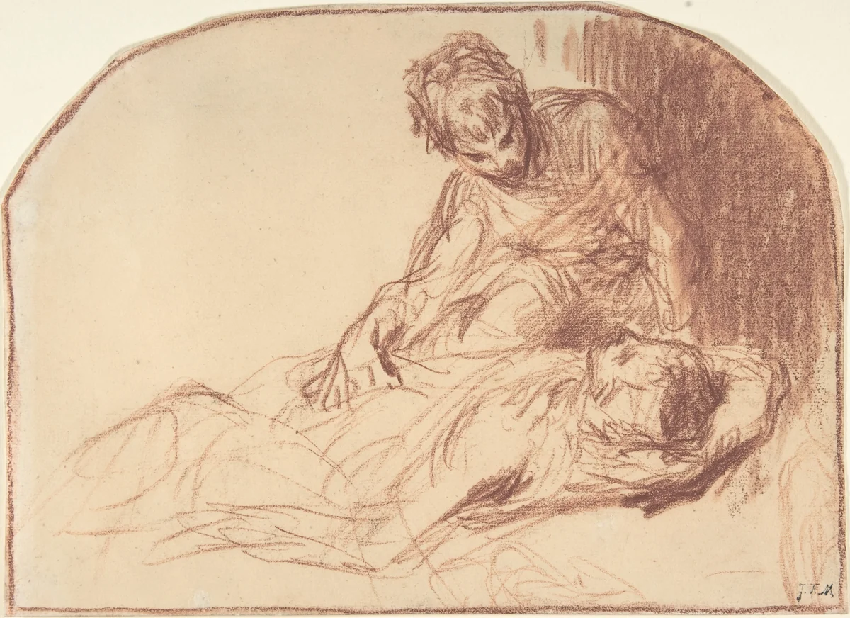 A Young Man Seated, Bent over a Reclining Figure by Jean-François Millet, drawing, 1840-1855