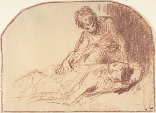 A Young Man Seated, Bent over a Reclining Figure by Jean-François Millet, drawing, 1840-1855