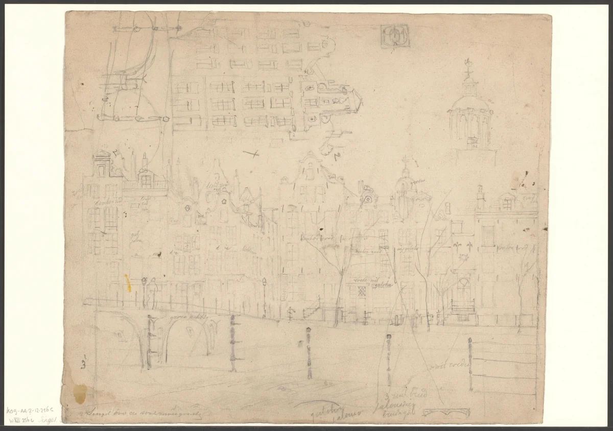 Gezicht op het Singel met de brug voor de Korte Huiszittensteeg by Johan Martinus Anthon Rieke, drawing, 1861-1899