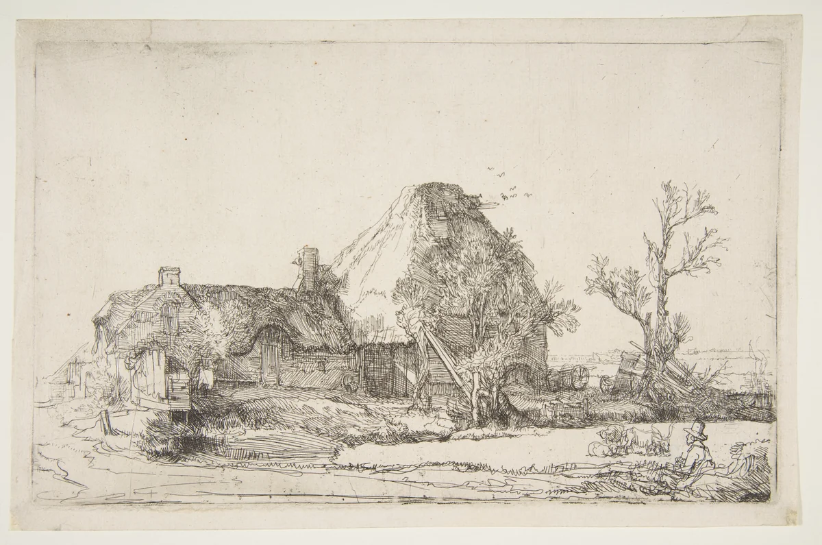 Cottages and Farm Buildings with a Man Sketching by Rembrandt van Rijn, print, 1640-1650