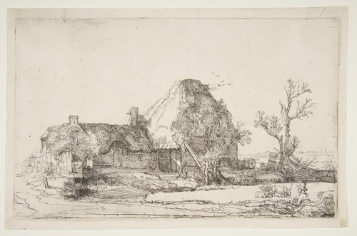 Cottages and Farm Buildings with a Man Sketching by Rembrandt van Rijn, print, 1640-1650