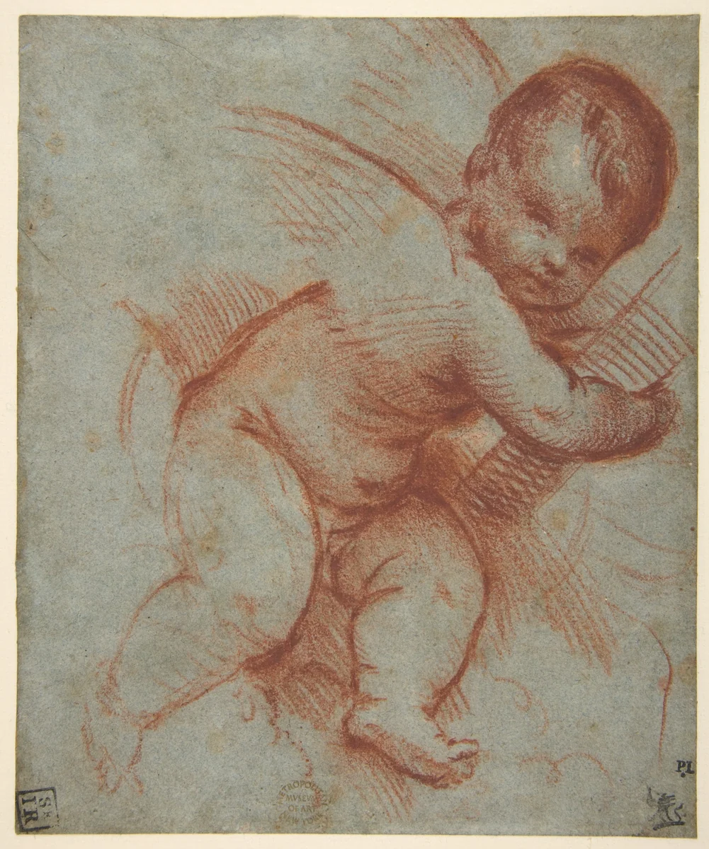 Winged Putto Holding the Base of a Cross by Titian, drawing, 1477-1510