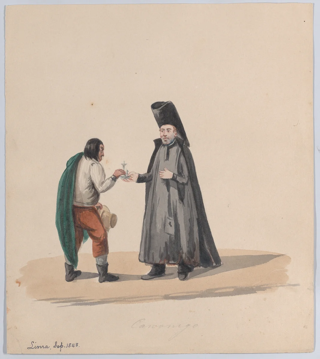 A canon handing a crucifix to a man, from a group of drawings depicting Peruvian dress by Francisco Fierro, drawing, 1848
