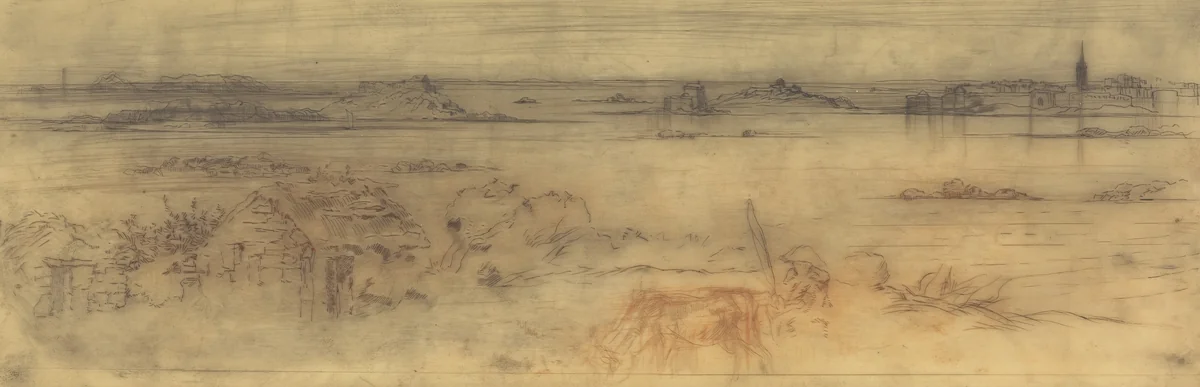 Seascape with a Fortified City at Right, Islands at Left and a Cottage in the Foreground by Félix-Hilaire Buhot, print, 1882