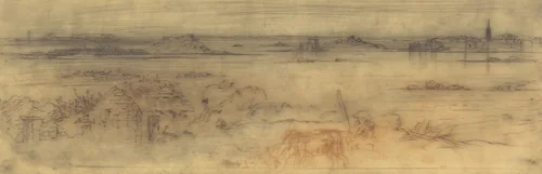 Seascape with a Fortified City at Right, Islands at Left and a Cottage in the Foreground by Félix-Hilaire Buhot, print, 1882