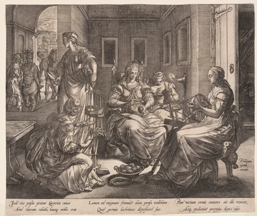 Lucretia and her Women Spinning, from The Story of Lucretia by Hendrick Goltzius, print, 1578-1579