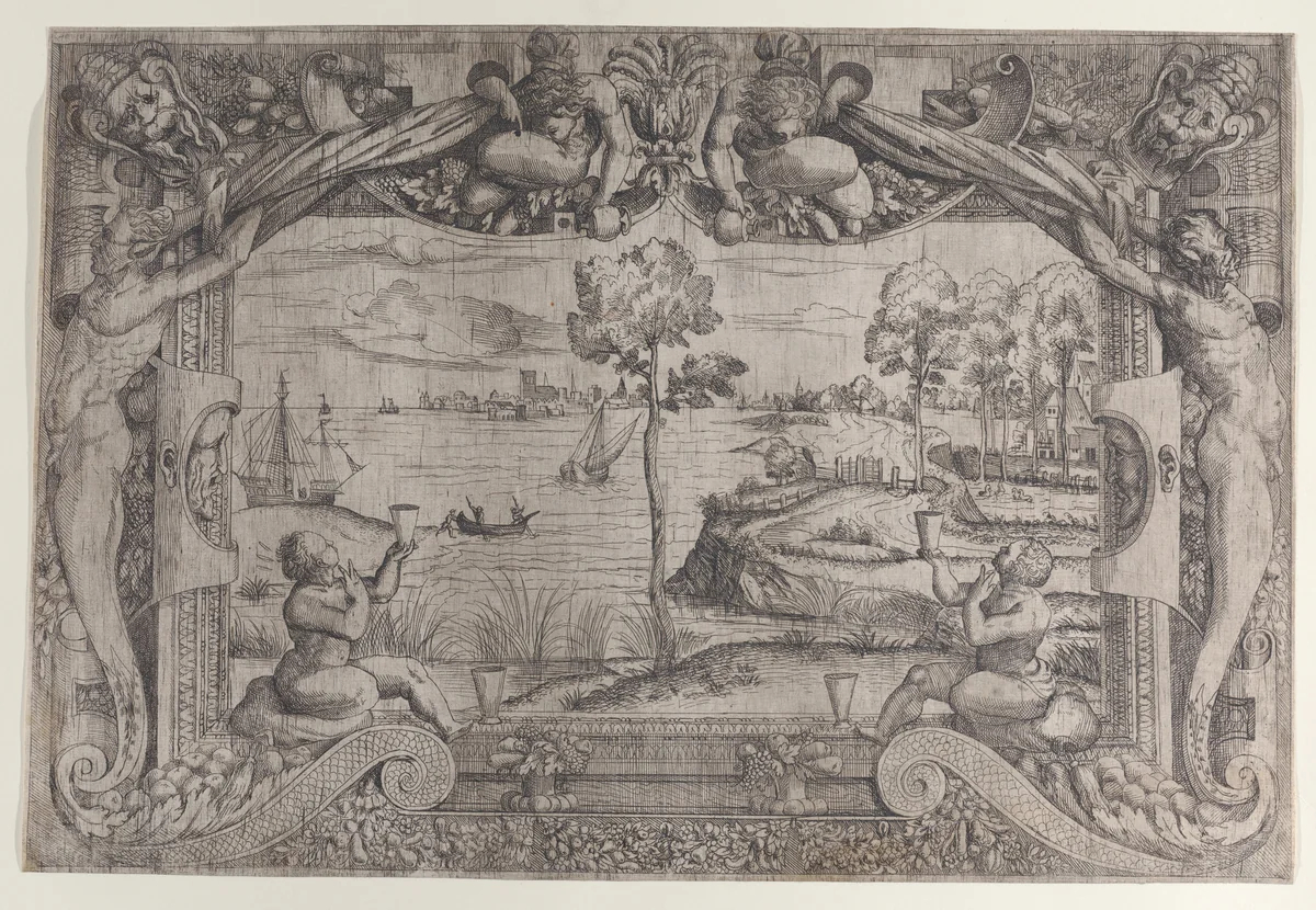 View of a Bay with a Central Tree in an Ornamental Frame by Master IQV, print, 1540-1550