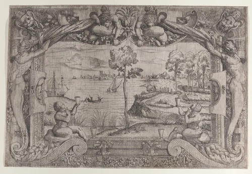 View of a Bay with a Central Tree in an Ornamental Frame by Master IQV, print, 1540-1550
