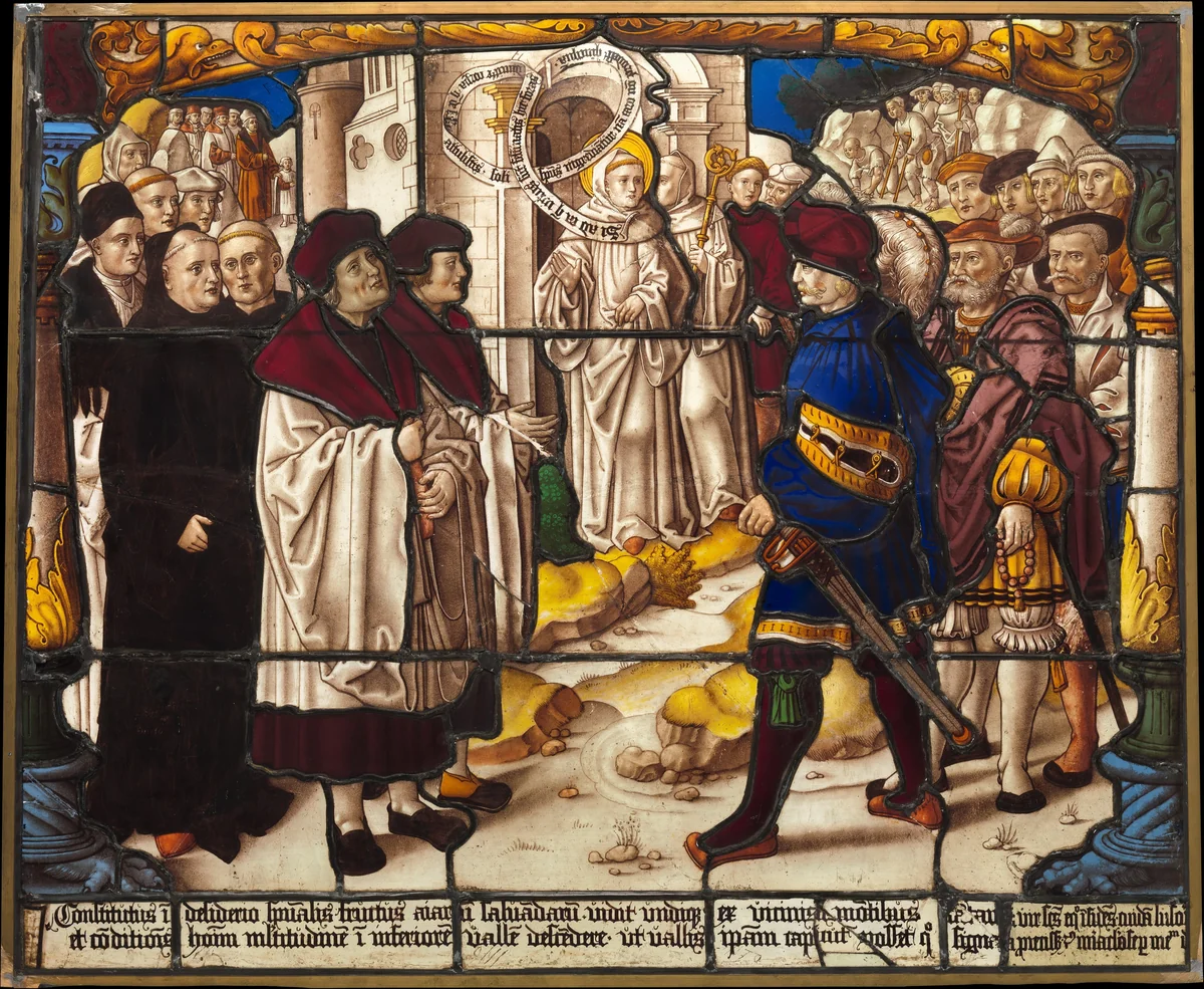 Life of Saint Bernard of Clairvaux: Saint Bernard exhorts the sick in body to enter his church with their spirits, in doing so returning to find their infirmities healed (one of two) by Master of Saint Severin, other, 1535-1599