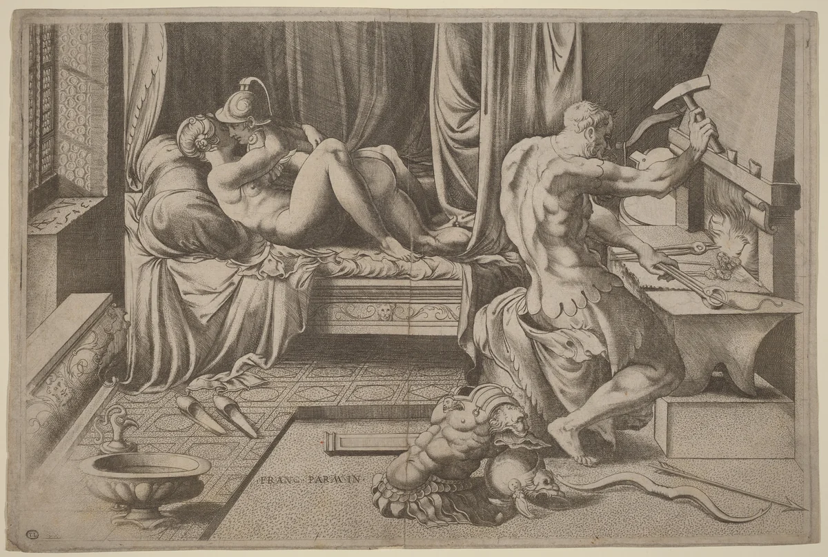Venus and Mars Embracing with Vulcan at his Forge by Enea Vico, print, 1543