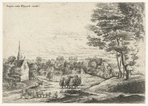 Gezicht op een dorp met een huifkar by Lucas van Uden, print, 1605-1673