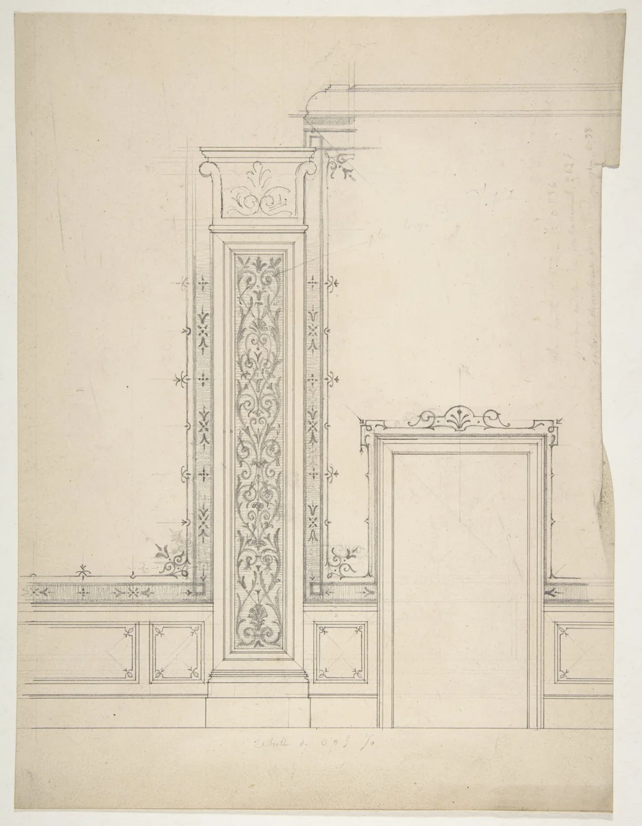 Elevation of a room with designs for the decoration of walls and wainscot by Jules-Edmond-Charles Lachaise, drawing, 1830-1897