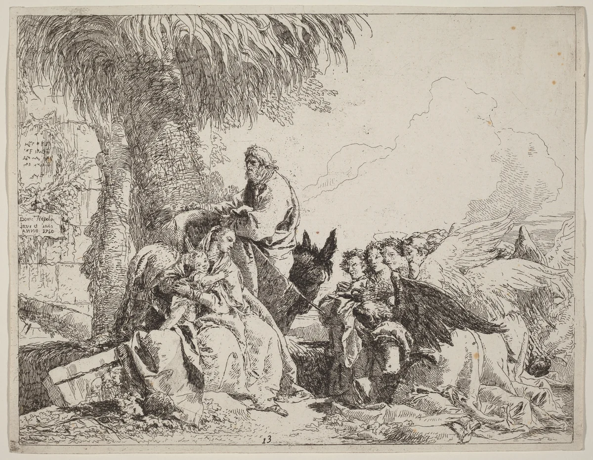 The Rest on the Flight, with Adoring Angels by Giovanni Domenico Tiepolo, print, 1750