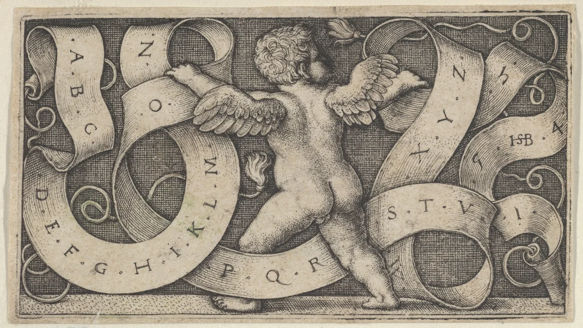 Genius Surrounded by a Banderole Showing the Alphabet by Sebald Beham, print, 1542