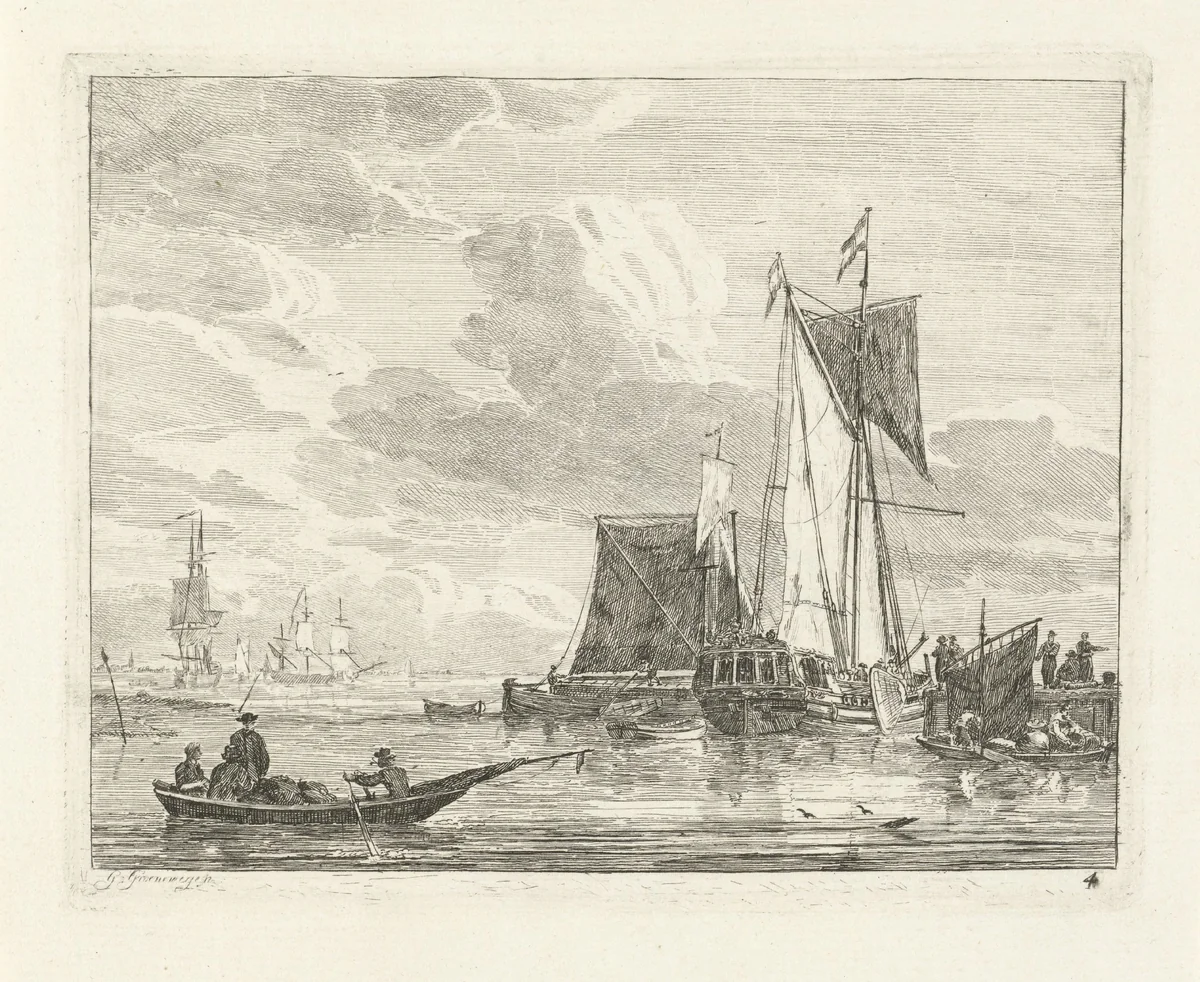 Schepen bij een steiger by Gerrit Groenewegen, print, 1786
