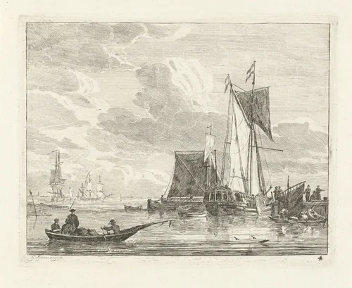 Schepen bij een steiger by Gerrit Groenewegen, print, 1786