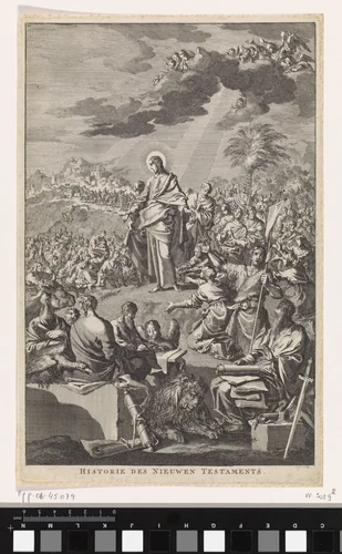 Bergrede met Christus en de vier evangelisten by Jan Luyken, print, 1703