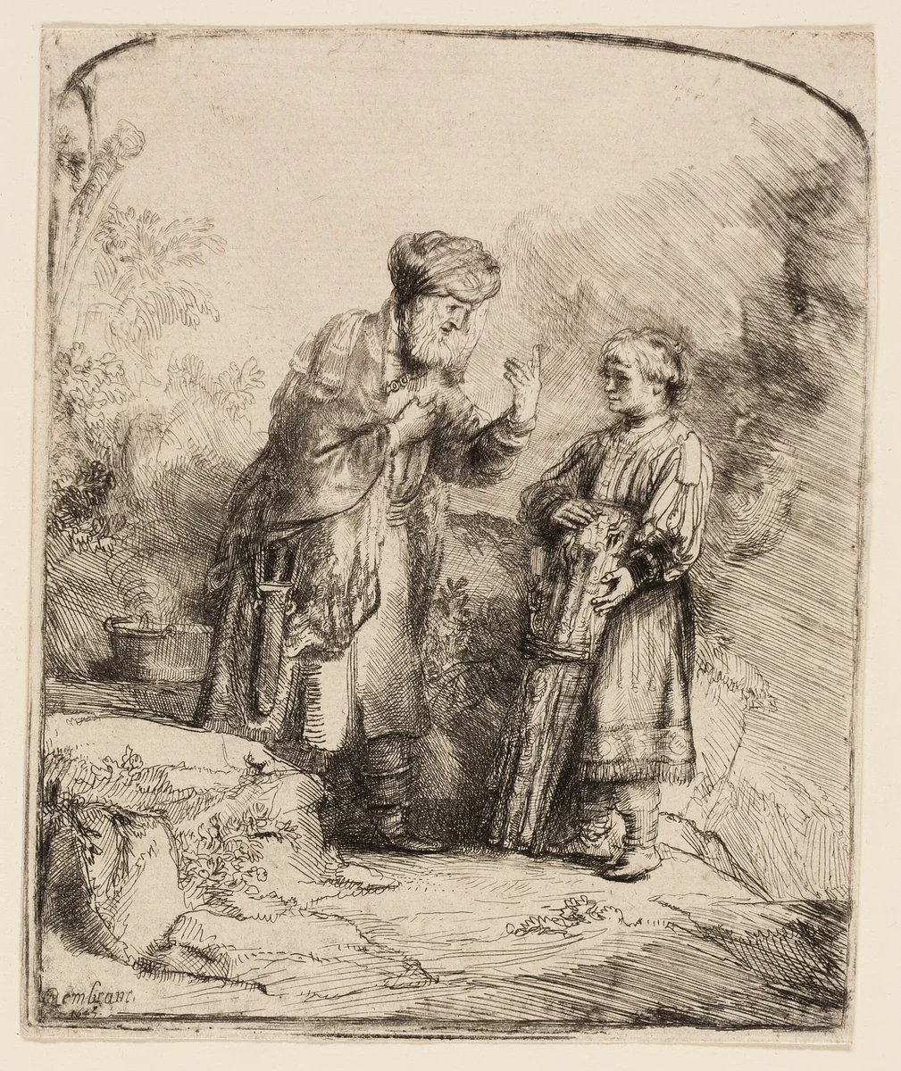 Abraham and Isaac by Rembrandt van Rijn, print, 1645