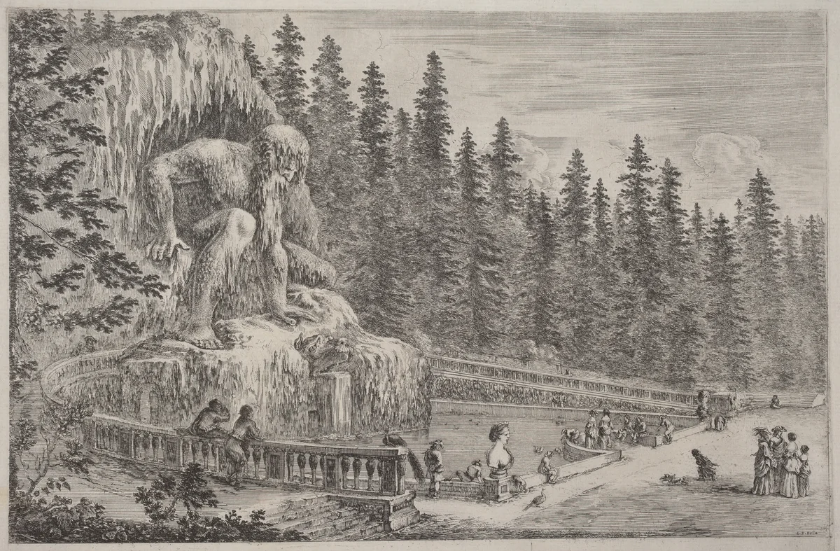 Colossal Statue of the Apennines by Stefano della Bella, print, 1653