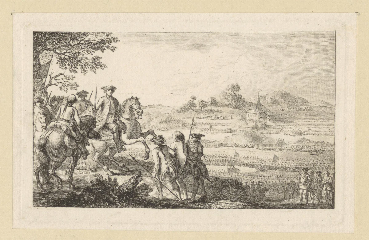 Spion wordt door twee soldaten voortgesleept met op de achtergrond de veldslag by Georg Friedrich Schmidt, print, 1760