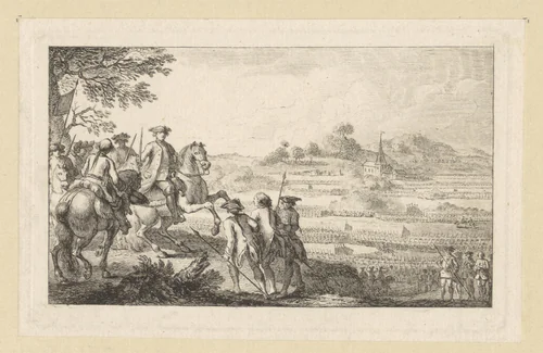 Spion wordt door twee soldaten voortgesleept met op de achtergrond de veldslag by Georg Friedrich Schmidt, print, 1760