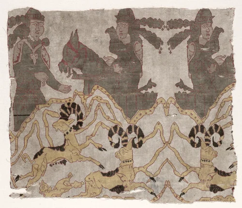 Fragment with Landscape, Hunters, and Ibexes by Unknown, textile, 800-1982