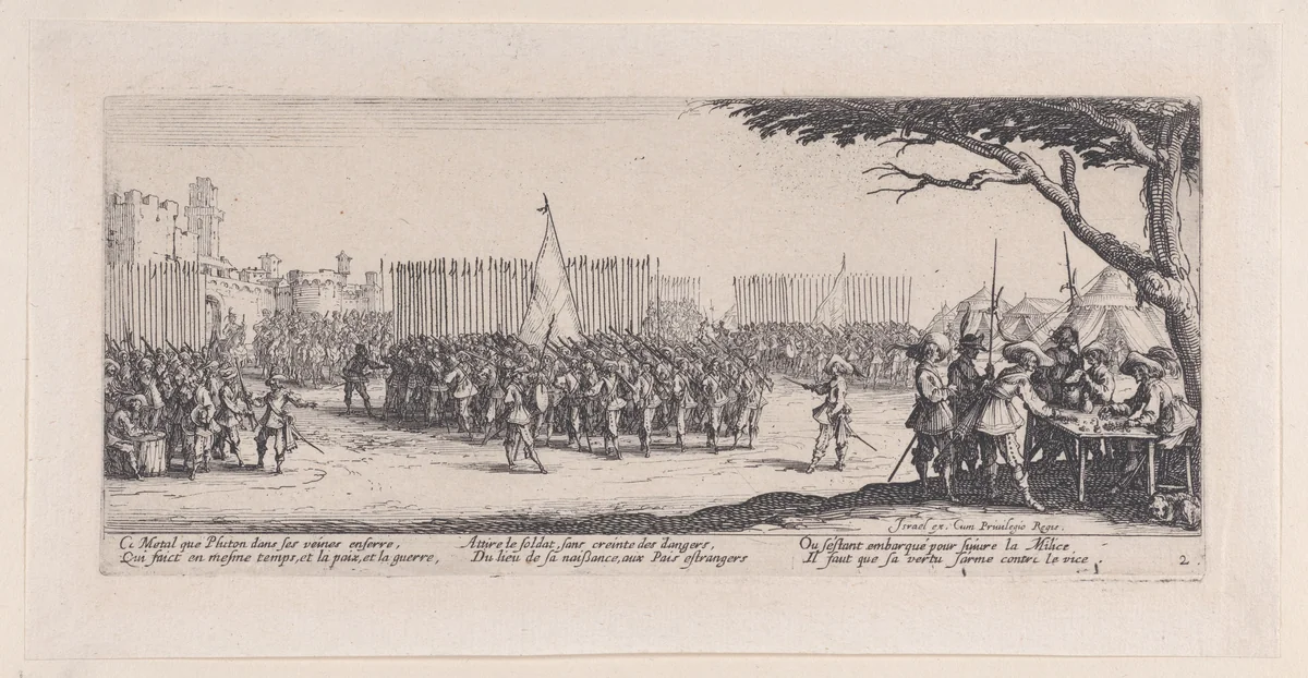 L'Enrolement des Troupes (The Enlistment of Troops), plate 2 from "Les Misères et les Mal-Heures de la Guerre" (The Miseries and Misfortunes of War) by Jacques Callot, print, 1633