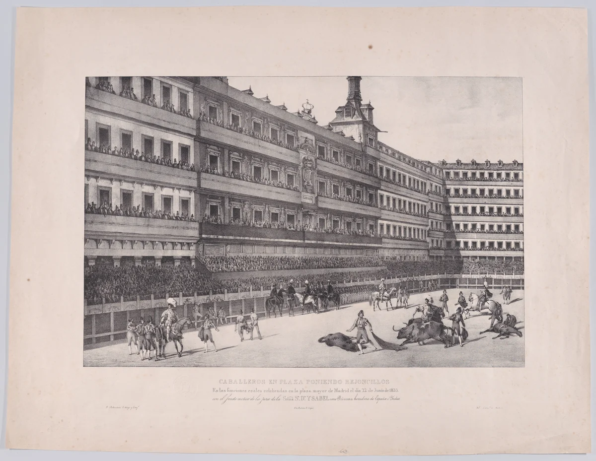 A bull fight in the Plaza Mayor, Madrid, on June 22 1833 in the presence of Isabel II by Henri-Pierre-Léon-Pharamond Blanchard, print, 1833