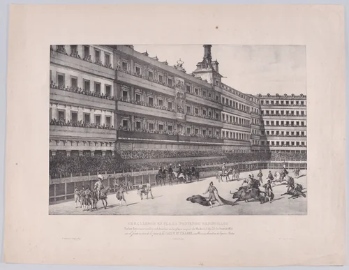 A bull fight in the Plaza Mayor, Madrid, on June 22 1833 in the presence of Isabel II by Henri-Pierre-Léon-Pharamond Blanchard, print, 1833