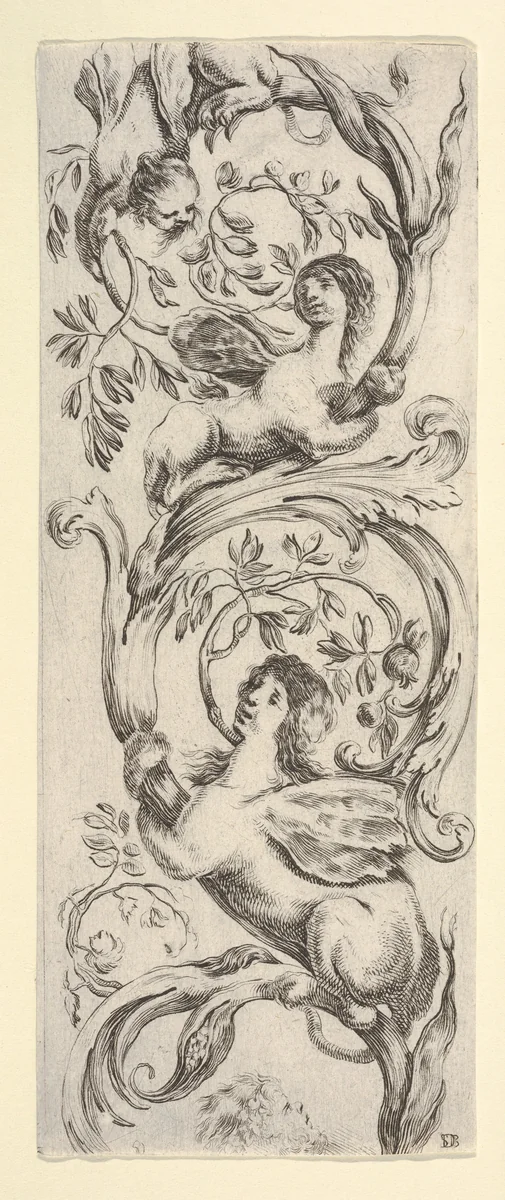 Three sphinxes climbing a vine, from "Ornaments or Grotesques" (Ornamenti o Grottesche) by Stefano della Bella, print, 1650-1656