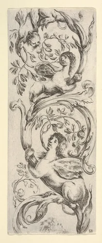 Three sphinxes climbing a vine, from "Ornaments or Grotesques" (Ornamenti o Grottesche) by Stefano della Bella, print, 1650-1656