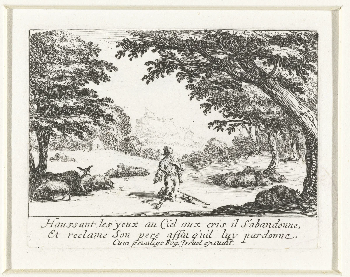 De verloren zoon bidt om vergeving van zijn zonden by Jacques Callot, print, 1635