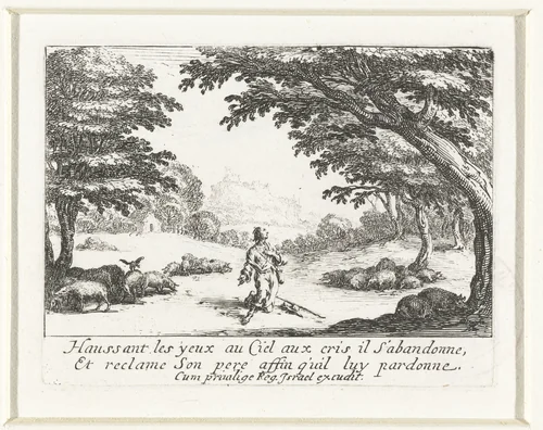 De verloren zoon bidt om vergeving van zijn zonden by Jacques Callot, print, 1635