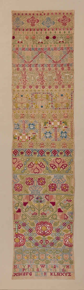 Embroidered band sampler by Mary Pots, textile, 1648