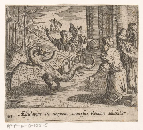 Aesculapius als een draak tussen de Romeinen by Antonio Tempesta, print, 1606-1638