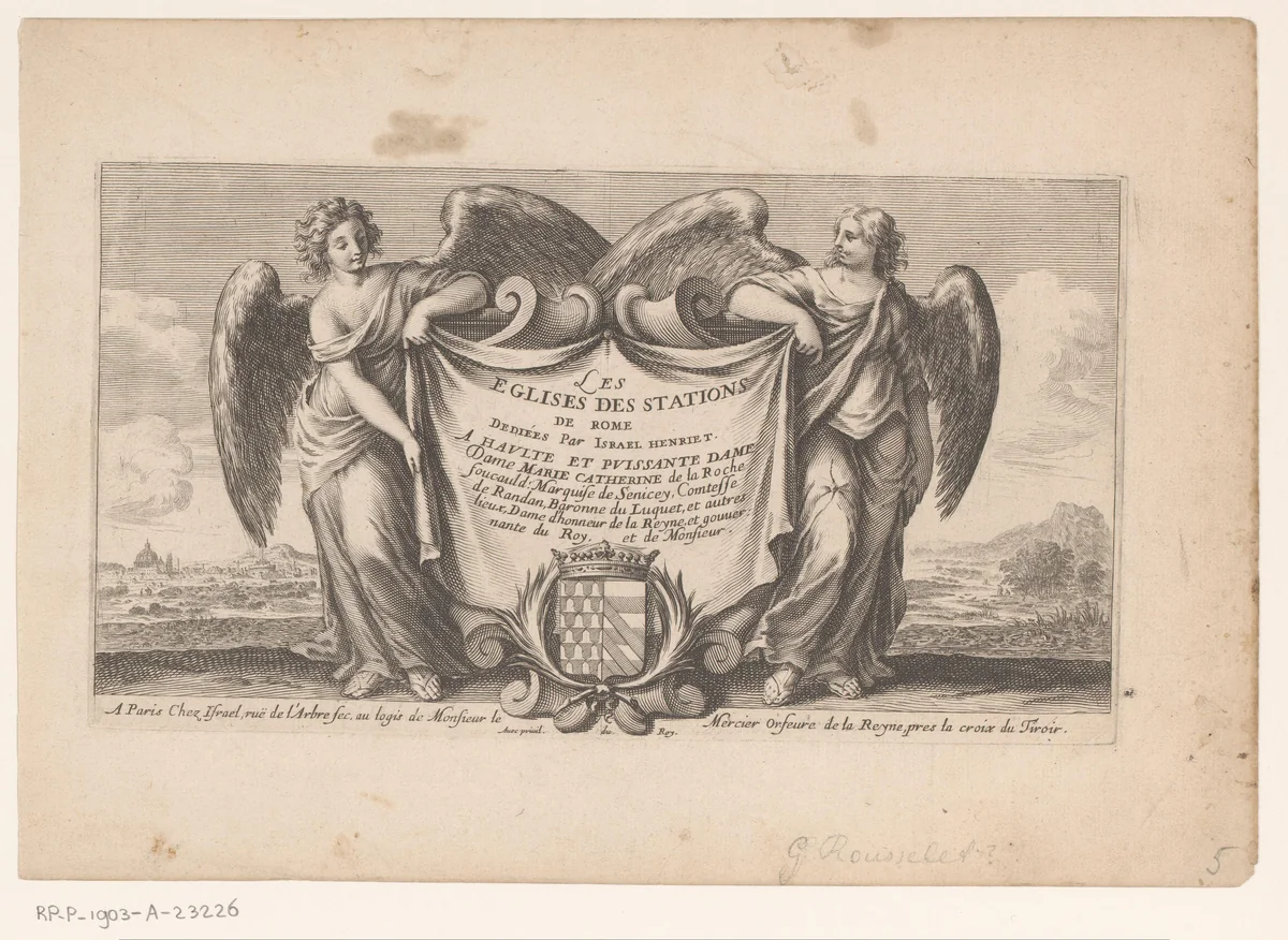 Titelprent met twee engelen en draperie by Gilles Rousselet, print, 1650