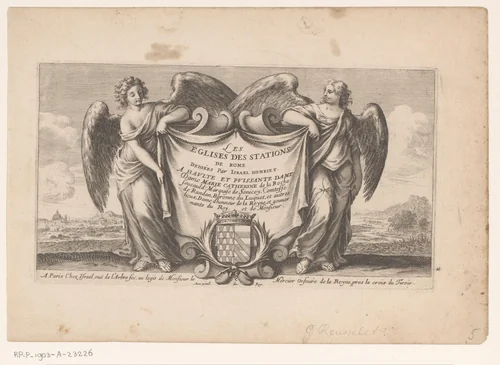 Titelprent met twee engelen en draperie by Gilles Rousselet, print, 1650