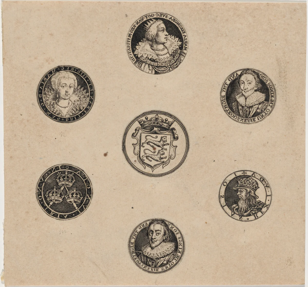 Sheet of Seven Roundels with Portraits by Simon van de Passe, print, 1595-1647